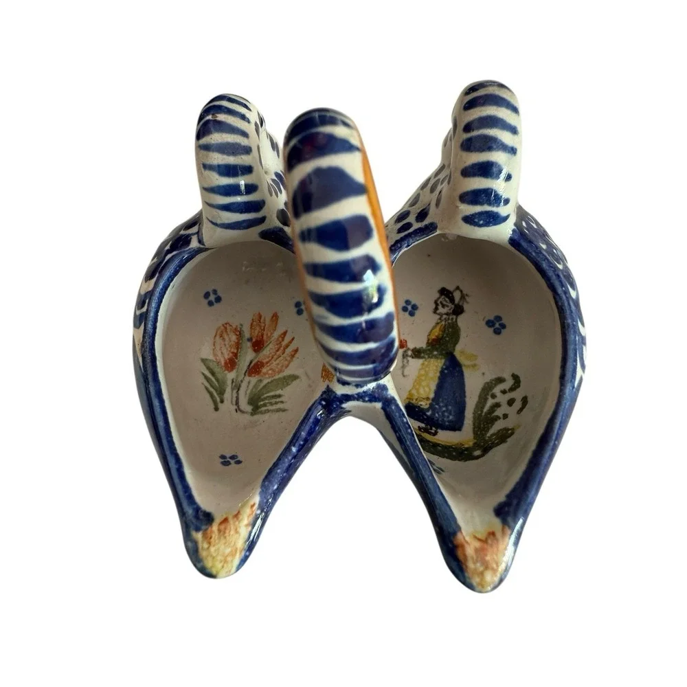 Henriot‎ Quimper French art pottery ring handled figural swan double salt